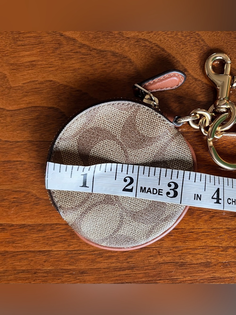 Coach Khaki/Tan Signature Circle Pouch w/ gold carabiner clip & key! Gift! - Picture 3 of 8